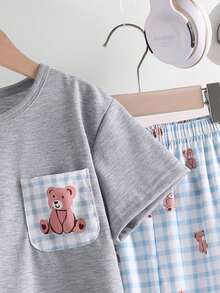 SHEIN Vintaside Kids Young BoyKorean Style Casual Western Cute Plaid Bear Pocket Tee All-Over Bear Print Pants Pajama Set Birthday Beach Summer - Light Grey - View 4