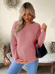 SHEIN Maternity Casual Solid Color Bowknot Drop Shoulder Long Sleeve Sweater - Dusty Pink - View 4
