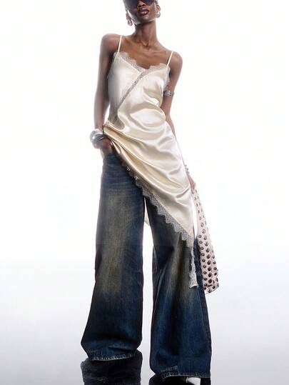 LYSMO 女士纯色撞色蕾丝不对称下摆时尚吊带迷你连衣裙