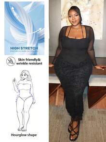 Hourglow Plus Size Women Solid Color Mesh Patchwork Long Sleeve Ruched Fitted Halter Top/Autumn /Winter - Black - View 1