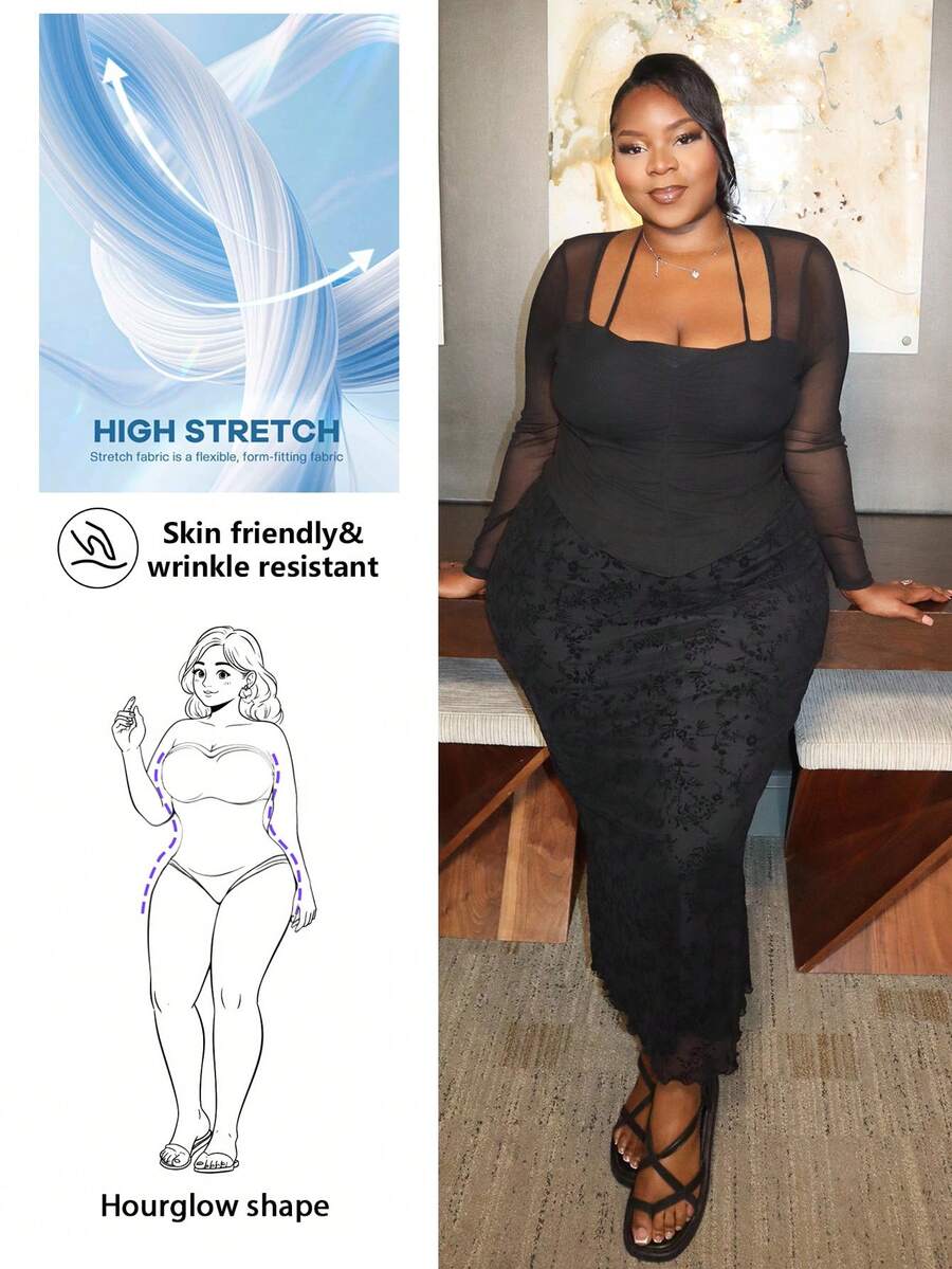 Hourglow Plus Size Women Solid Color Mesh Patchwork Long Sleeve Ruched Fitted Halter Top/Autumn /Winter - Black - View 1