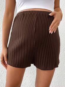 SHEIN Maternity Casual Solid Color High Waist Shorts, Summer - Brown - View 7