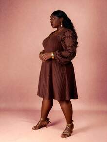 CurvyTilda Plus Size Women Sweetheart Neck Long Sleeve Ruched Ribbed Casual Dress, For Hourglass Body Shape - Brown - View 3