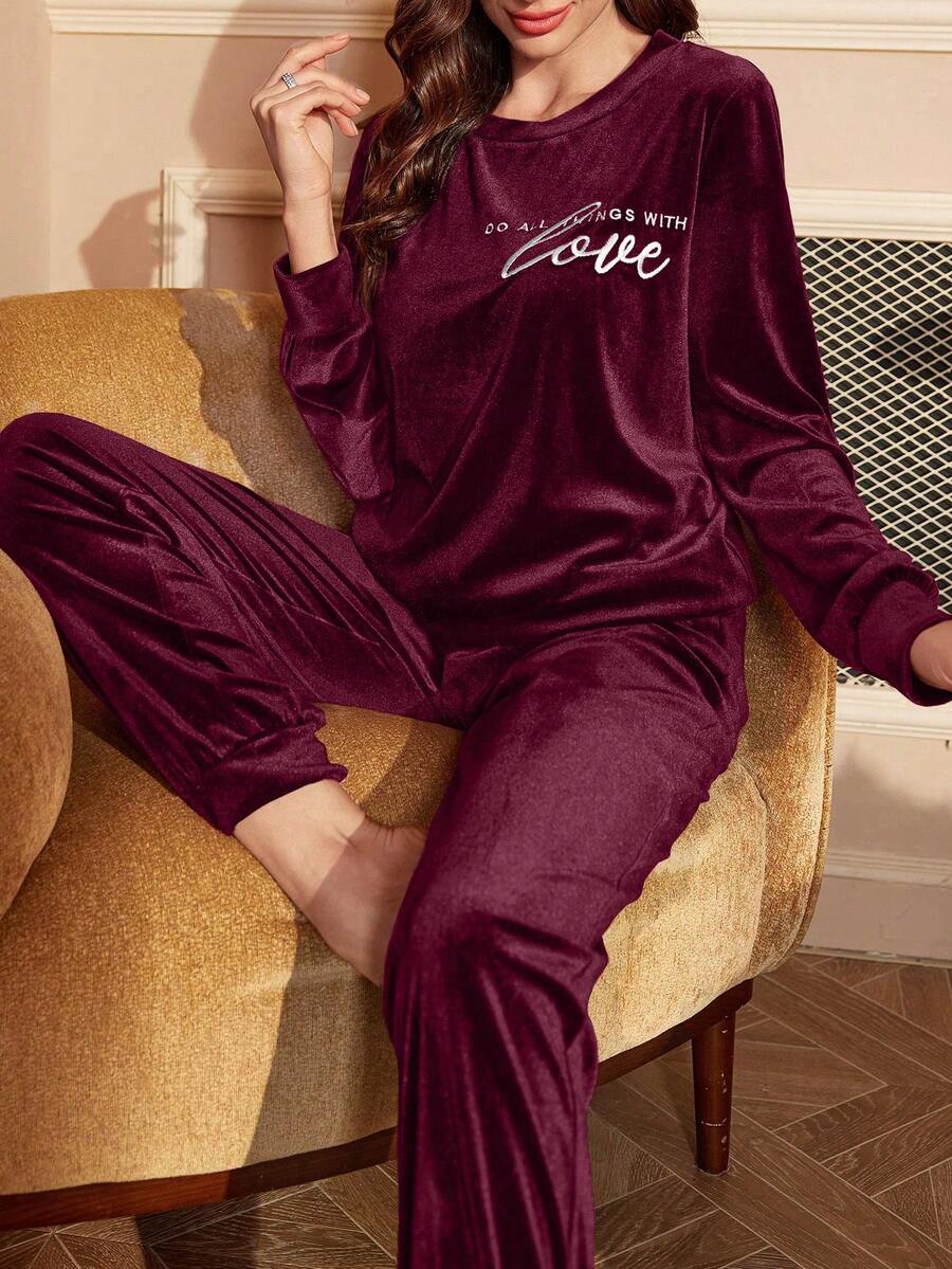 Contrast Color Letter Embroidery Casual Velvet Sweatshirt And Pants Set Women's Long Sleeve Pajama Set Burgundy Pajama Set - Red Violet - View 1