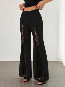 SHEIN PETITE Women Elegant Sexy Contrast Lace Flare Leg Pants - Black - View 3