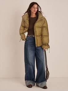 Easelle Vintage lässige, weite, grün karierte, gefütterte Jacke mit Bindung für Frauen, Herbstbekleidung für Damen - Grün - Übersicht 3