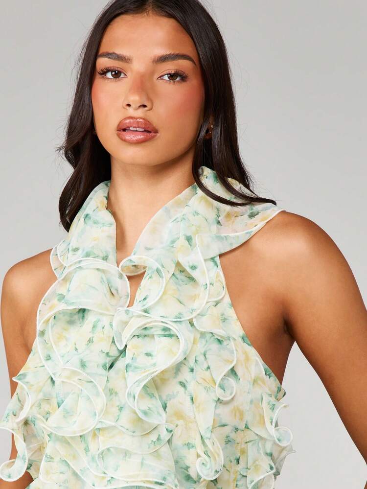 MISSGUIDED Floral Halterneck Mini Dress With Ruffle Details And Open Back Design Summer Festival Outfit