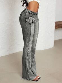 Jeanoix Wide Waistband Eyelet Flare Leg Low Rise Jeans