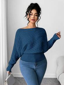 Elenzga Plus Size Batwing Sleeve Drawstring Asymmetrical Knitted Sweater, Thick White Pullover Top For Winter - Royal Blue - View 4