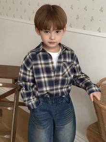 DAZY 男童格子落肩长袖单排扣休闲口袋衬衫 - 棕色 - 查看 4