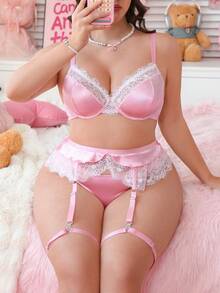 PetitDoll Ensemble 4 pièces grande taille sexy et romantique : top en satin avec bordure en dentelle, culotte, ceinture de taille, anneau de jambe - Multicolore - Voir 6