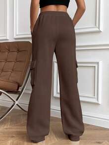 SHEIN PETITE 灰色抽绳腰带斜插口袋侧袋翻盖直筒长款休闲运动裤，时尚简约风格，适合娇小身材女性秋冬季穿着。 - 棕色 - 查看 2