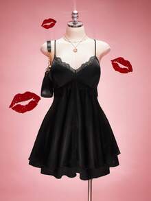 SHEIN ICON 大码女士缎面蕾丝拼接黑色吊带裙 - 黑色 - 查看 7