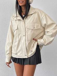 PU Leather Stylish Hidden-Fly Detailed Women's Jacket - White - View 5