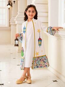 中东风情时尚优雅女童两件套：长袖薄款立领开衫外套+无袖长裙，适合日常穿着和正式场合。 - 白色 - 查看 6