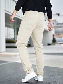 Manfinity Homme 大码男士休闲日常通勤简约纯色修身牛仔裤 - 米色 - 查看 2
