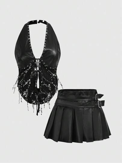 Grunge Punk Grunge-Punk Leather Sequin Cross Sexy Rocker Music Festival PU Mini Skirt, Halter Sequin Backless Crop Top, Women Plus Size Sexy PU Super Skirt 2 Piece Set