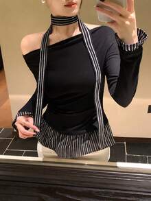 DAZY 女款條紋綁帶荷葉邊下擺長袖 2 合 1 露肩外出上衣 - 黑色 - 查看 2