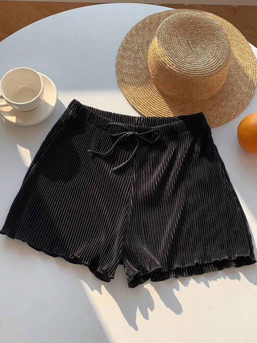 SHEIN EZwear 夏季纯色系带阔腿宽松短裤 - 黑色 - 查看 1