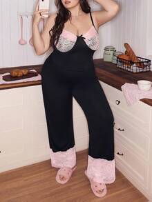 SweetSlumber Plus Size Women Y2K Lace Patchwork Bow Decor Sleepwear Set, Romantic - Black - View 1
