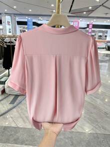 SHEIN Franclia Elegant Women's Pink Puff Sleeve Shirt Casual Regular Length Top With Knot Neck Detail Woven Material - Pink - View 2