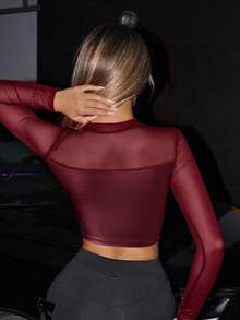 SHEIN ICON Black PU Mesh Cut Out Front Asymmetrical Hem Crop Tee Sexy Clothes