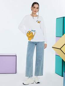 ADVENTURE TIME X SHEIN Women Casual Cartoon & Letter Print Dropped Shoulder Loose Long Sleeve White T-Shirt, Spring & Autumn