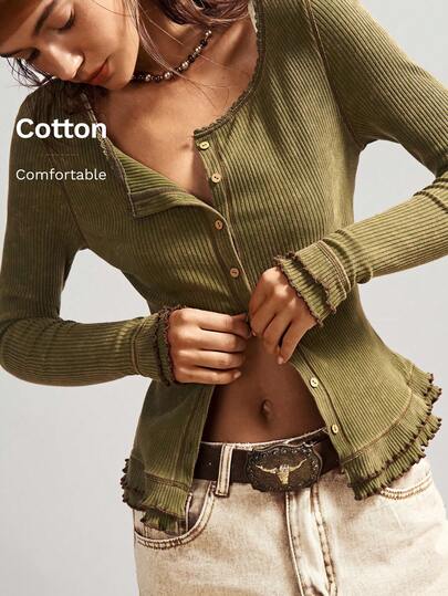 Bohemela 波西米亚风纯色针织长袖波浪下摆女式上衣