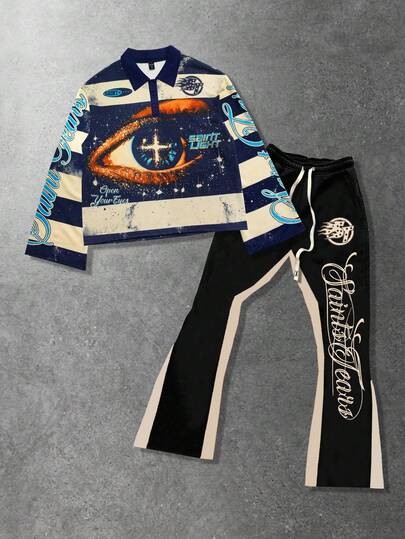 Street Life 2 pezzi Set camicia casual con bottoni e pantaloni da uomo