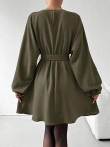 Chiquease Casual Commuter Solid Color Belted Lantern Sleeve Dress - Green - View 2