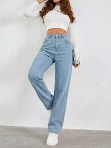 100%Cotton Slant Pocket Straight Leg Jeans - Baby Blue - View 5
