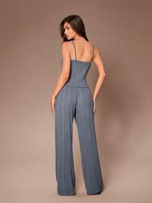 SHEIN Soft Brushed Ribbed Contrast Lace Camisole & Pants Loungewear Pajama Set - Dark Grey - View 3