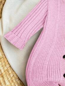 SHEIN 新生女婴可爱针织连体衣、连脚裤和帽子套装，百搭秋冬 - 粉色 - 查看 4