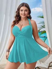 Swim Lushoire Bộ đồ bơi mùa hè dành cho nữ cỡ lớn, màu trơn, thiết kế chéo, kiểu yếm cổ và quần bơi. - Màu xanh Bạc hà - Xem 5