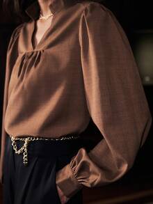 Uhlyne Uhlyne Women's V-Neck Lantern Sleeve Loose Blouse, Spring/Autumn - Brown - View 5