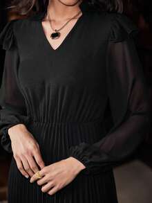 Uhlyne Women's Long Sleeve Lace Trim Flared Midi Dress With Stand Collar, Pleated Waist, Elegant For Work Or Party, Spring/Autumn - Black - View 2