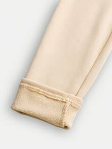 SHEIN Girlism Quần legging màu mơ trơn, cơ bản, dễ phối đồ, cạp chun, có gân, lót giữ nhiệt, dành cho bé gái tuổi teen, thích hợp cho mùa thu/đông. - Màu be - Xem 4