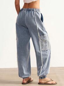 Bohemela 女士休闲纯色梭织牛仔低腰慢跑裤 - 藍色 - 查看 9