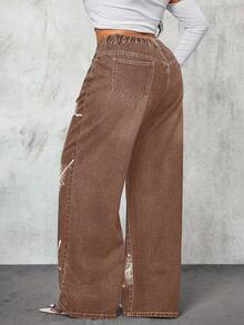 Slaydiva Quần jean denim dáng rộng, in họa tiết lông vũ, kiểu dáng thường ngày, đã qua xử lý. - Cà phê nâu - Xem 2