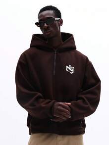 SUMWON Mens Quarter Zip Hooded Sweatshirt Casual Pullover With Gothic Letter Print Winter Fall Layering Piece Plain - Brown - View 3