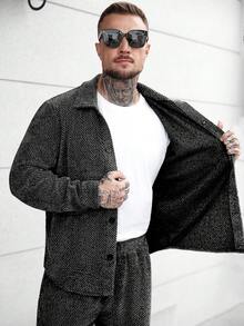 Manfinity CasualCool Men's Turn-Down Collar Single-Breasted Long Sleeve Shirt Top And Pocket Casual Pants Suit, Suitable For Daily Commute - Black - View 3