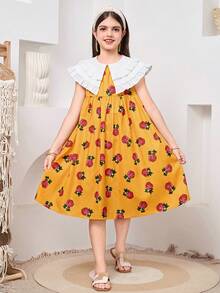 SHEIN Tween Girl Golden Yellow Rose Floral Print Patchwork Ruffle Collar Sleeveless A-Line Dress,Summer Elegant Party Girls Matching Outfits Sisters Style - Yellow - View 4