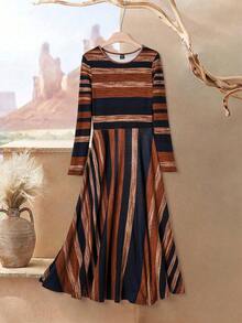 EMERY ROSE 女士休闲条纹圆领长袖冬季连衣裙 - 彩色 - 查看 3