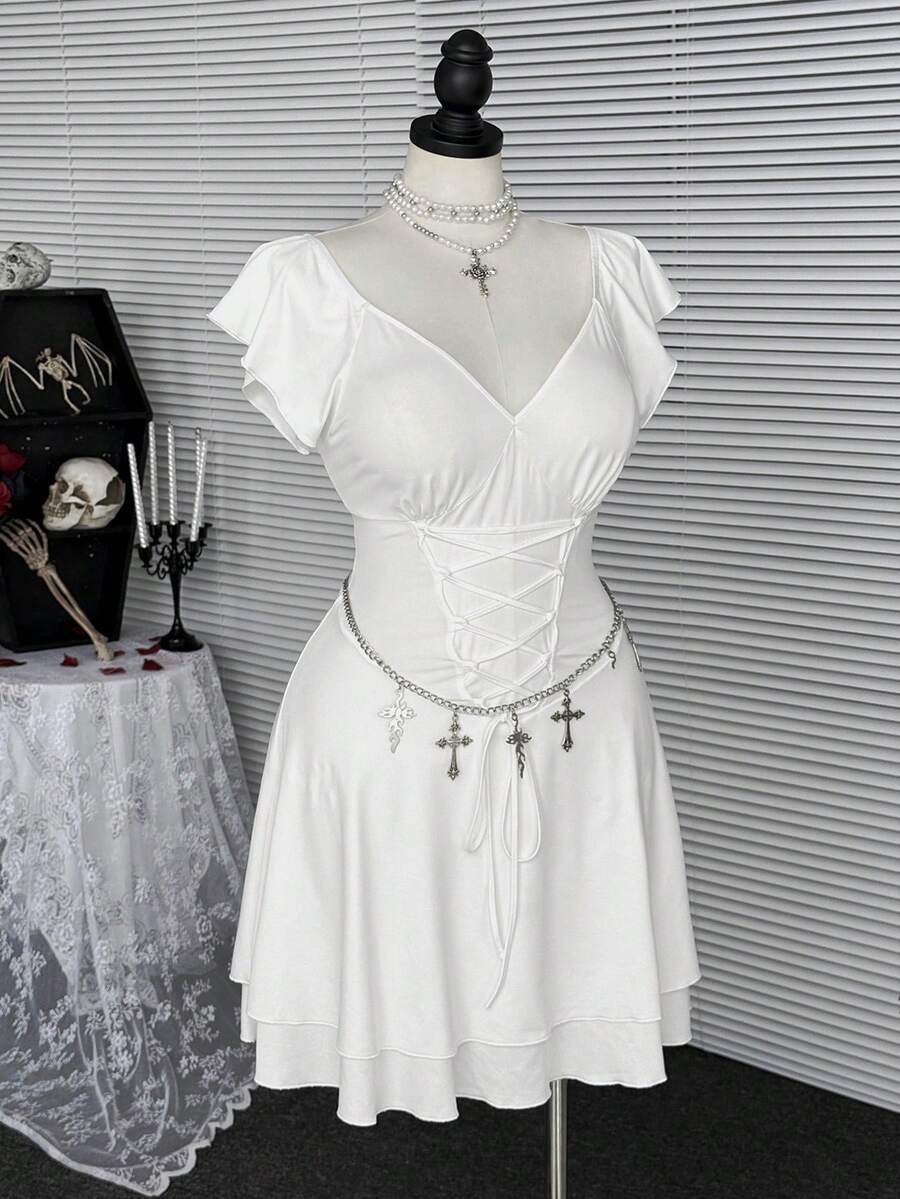 Coolane Plus Size Spring/Summer Rave Outfit Punk Date Night Renaissance Fair Club Outfits Party Preppy Vintage Goth Y2K White Mini Corset Dress - White - View 1
