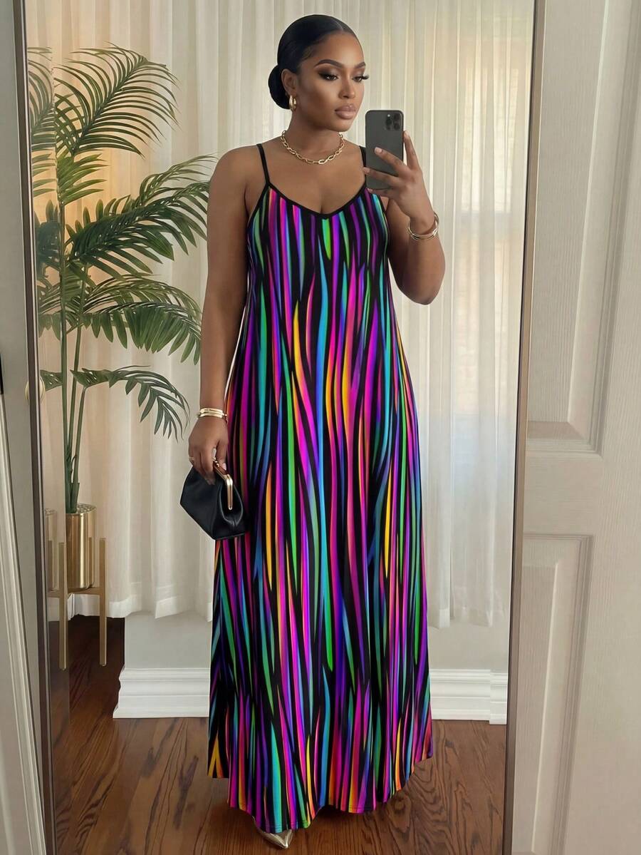 SHEIN Lady CURVE 春夏休闲沙滩吊带蓬蓬裙大码连衣裙格子连衣裙非洲连衣裙