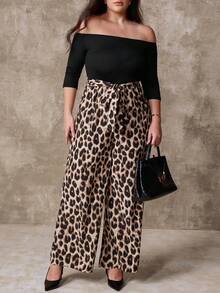 Juhart Elegant And Casual One-Neck Autumn Jumpsuit For Plate-Sized Women Leopard Print Pants Wide Leg Pants Curve Cheetah Print Outfit Women Animal Print Plus Size