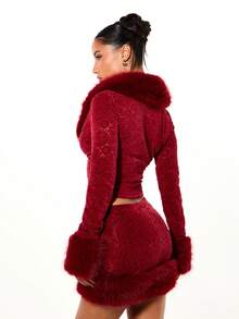 SUMWON WOMEN Luxurious Lace Fitted Long Sleeve Top With Plush Fur Collar Winter Holiday Party Blouse Elegant Evening Wear - Red - View 2