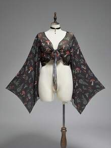 ROMWE Fairycore Áo nữ thời trang in hình nấm tối màu, tay loe - Nhiều màu - Xem 5