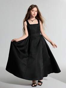 Ontre Vestido casual y elegante sin espalda con decoración de lazo para niña preadolescente - Negro - Ver 1