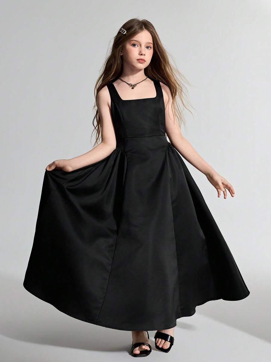 Ontre Vestido casual y elegante sin espalda con decoración de lazo para niña preadolescente - Negro - Ver 1